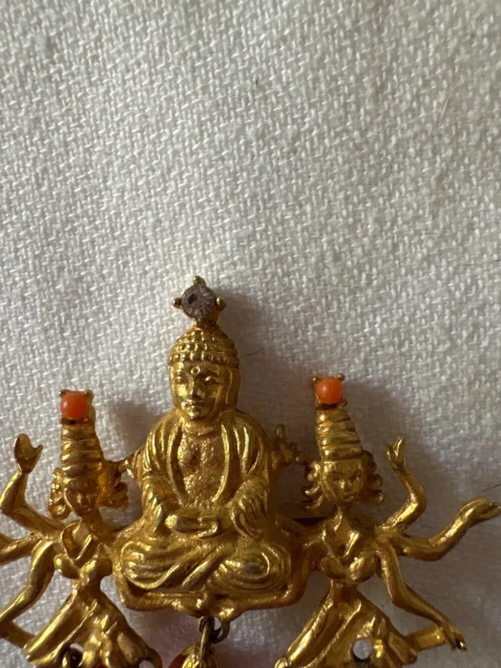 Vintage ARTCO Gold Buddha Signed Pin With Coral Dangles & Rhinestone Accent
